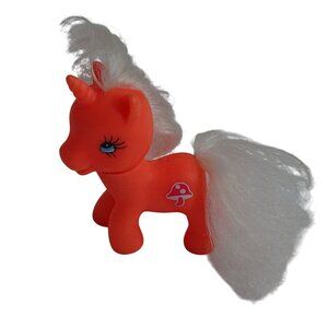 Orange Unicorn Pony Figure With Mushroom Symbol White Mane and Tail 3 Inch